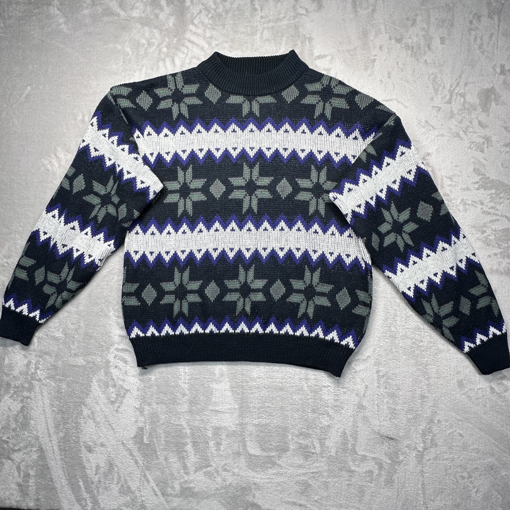 Vintage Anchor Blue Mens XL Multicolor Chunky Knit Nordic Mock Neck Sweater